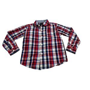 Nautica Boys Red & Blue Plaid Long Sleeve Button-Down Shirt L/G (7) Cotton/Polye